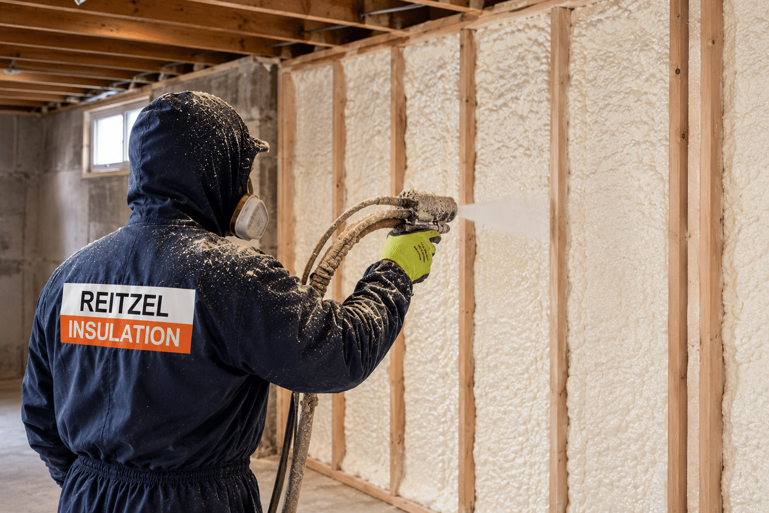 Applying foam insulation in unfinished basement